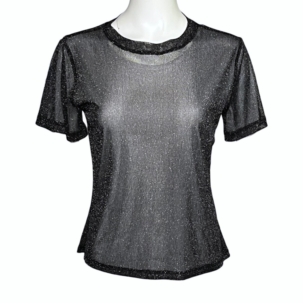 Jonathan Simkhai Standard Shirt Black Silver Metallic Mesh Tee Womens Size Small